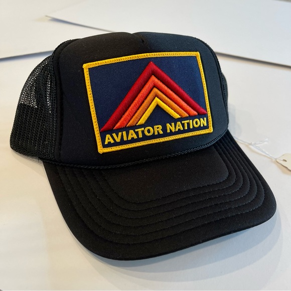 NWT Aviator Nation Vintage mesh Trucker Hat Mountain Stripe Patch Logo β black - Picture 1 of 14